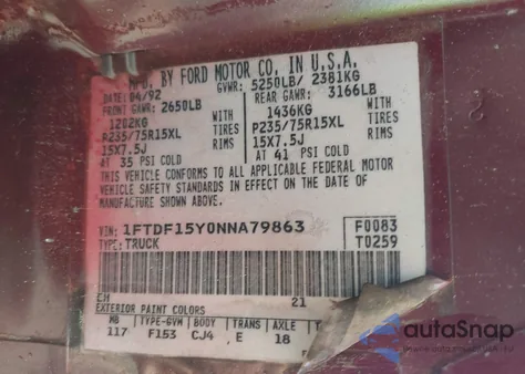 1992 Ford F150 из США, поврежденный, VIN 1FTDF15Y0NNA79863